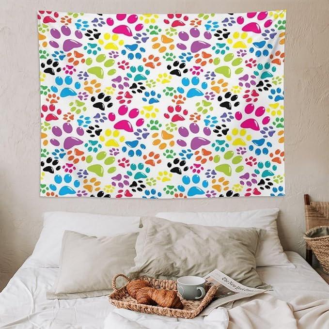 VUMIVI Dog Paw Tapestry Funny Colorful Cartoon Animal Footprints Blue Black Red Tapestry Wall Hanging for Living Room Bedroom Dorm Classroom Aesthetic Decor W80xL60in