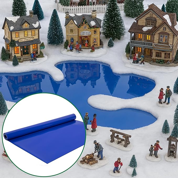 Wehhbtye 59'' x 15.7'' Christmas Village Ocean Display Mat, Christmas Village Miniature Ocean Mat, Xmas Villages PVC Pad Decoration for Holiday Mini Landscape Scene Accessories