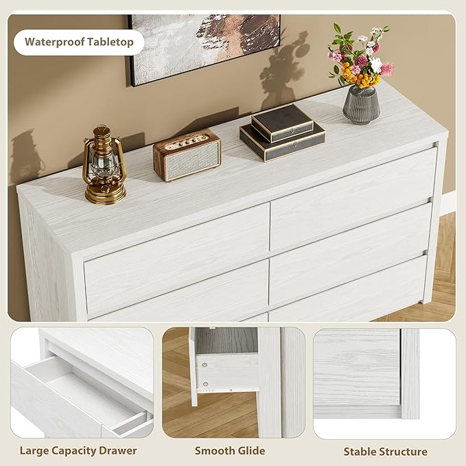GarveeHome 6 Drawer Dresser for Bedroom, Wide Wood Chest of Drawers Handle Free, Large Modern Dresser Storage Cabinet for Living Room, Hallway Entryway