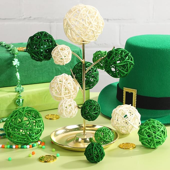 SANNIX 16 Pcs St Patricks Day Vase Filler Wicker Rattan Orbs Decorative Balls for Bowls, St. Patrick's Day Green Rattan Balls Decor for Green Spring Home Decorations