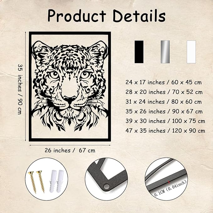 yumcake Metal Leopard Head Wall Art, Leopard Metal Wall Art Decor, Safari Animal Sculpture for Living Room, Unique Gift for Animal Lovers (Silver, 47 x 35 inches / 120 x 90 cm, metal wall art)