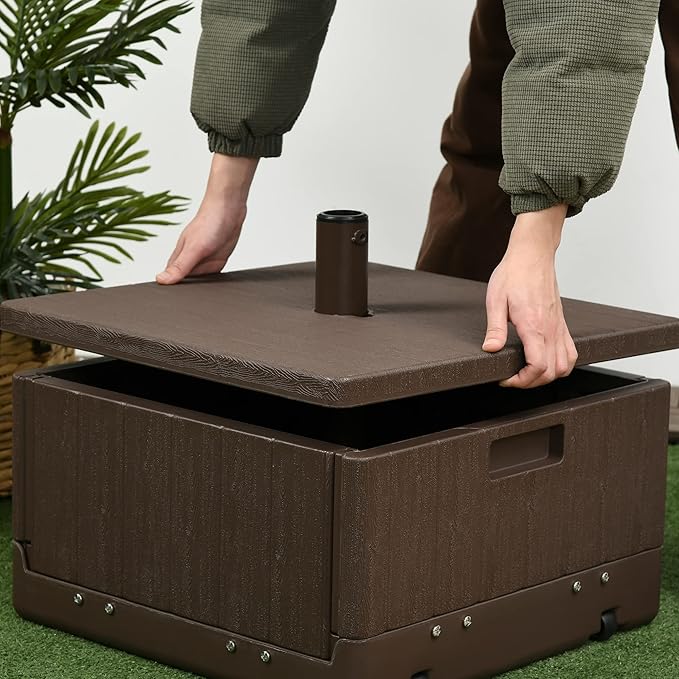 Outsunny 3-in-1 Outdoor Umbrella Base, Coffee End Table, Planter Box with Drain Hole, 175 lbs. Capacity Heavy Duty Fillable Patio Umbrella Stand Table with Wheels and Handles for Deck, Poolside, Brown