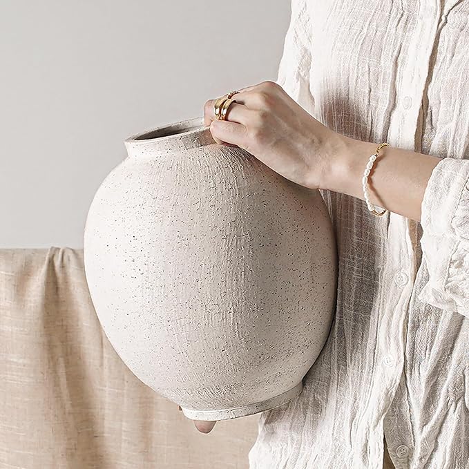 Large White Ceramic Vase - 9.8 Inch Rustic Farmhouse Vase for Home Decor, Minimalist Tall Vases for Living Room, Table, Bathroom, Holiday & Weddings (Sandstone White)