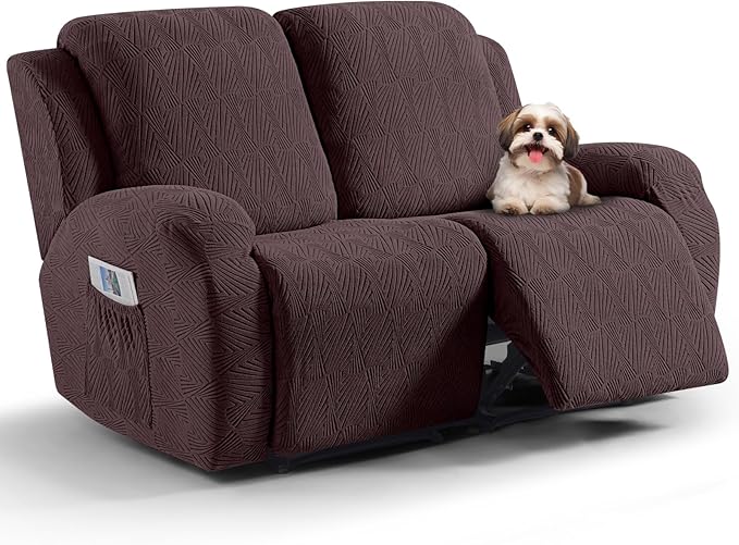 VANSOFY Recliner Loveseat Cover, 6-Pieces Stretch Dual Recliner Sofa Cover Soft Jacquard Reclining Couch Slipcover Furniture Protector with Elastic Bottom for Kid, Pets(2 Seat,Dark Coffee)