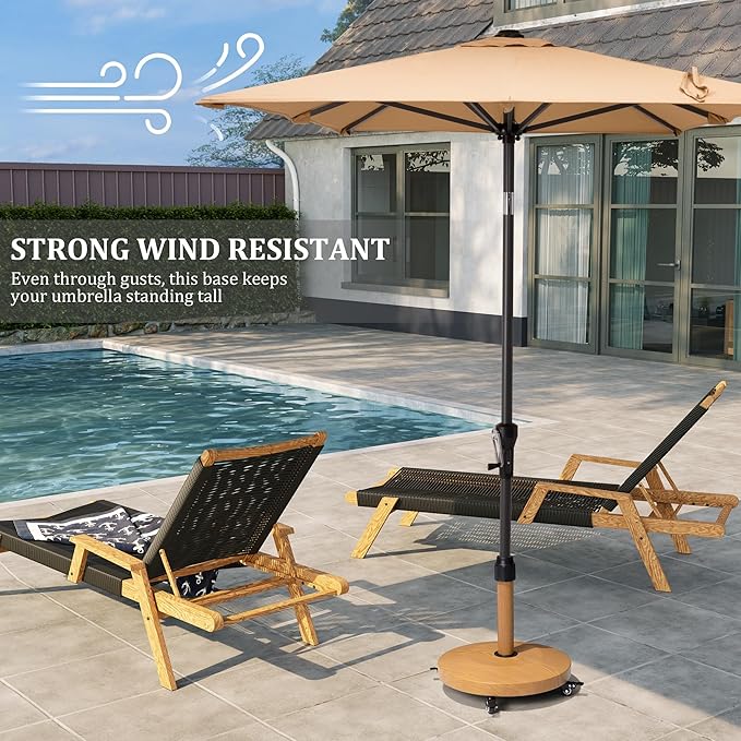 Patio Umbrella Base with 4 Wheels, 55lbs Round Heavy Duty Concrete Stand for Outdoor Market Umbrella, Wood Grain, Teak