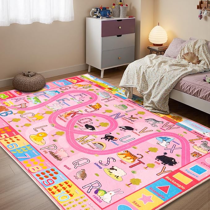 Educational Rug for Classroom, Play Rugs for Boys Girls Bedroom Kids Room, Non-Slip Washable ABC Learning Carpet for Playroom, Zoo Road Play Mat, 8x10 Pink
