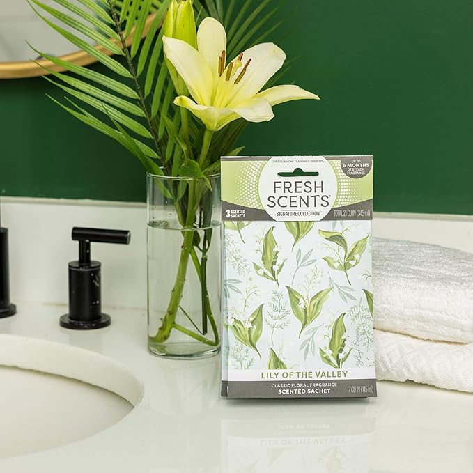 Fresh Scents Scented Sachets | Lily of The Valley | Home Fragrance | Long Lasting (Up to 6 Months) | Air Freshener for Closets, Drawers, & Cars | 6 Pack