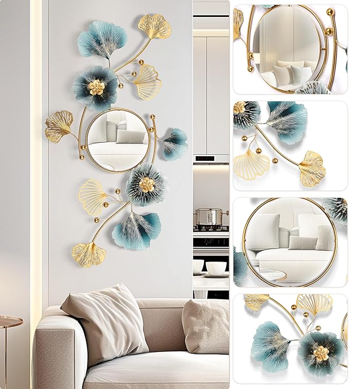 Large Wall Mirror,Modern Wall Mirrors Decorative,3DMetal Ginkgo Biloba Design - Perfect for Living Room, Bedroom, Bathroom, or Entryway Wall Decor