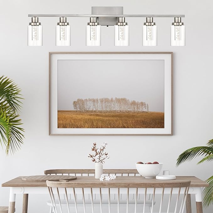 MELUCEE 6-Light LED Bathroom Vanity Light, Modern Brushed Nickel Bathroom Light Bar with Crystal Bubble Clear Glass Shade, Dimmable Bathroom Wall Sconce Lamp 3000K-6000K, Built-in LED Chips