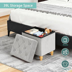 CAROLMADE Folding Storage Ottoman Cube Velvet Footstool with Wood Legs Ottoman Footrest for Living Room and Bedroom, Grey 15"x12.6"x15.4”