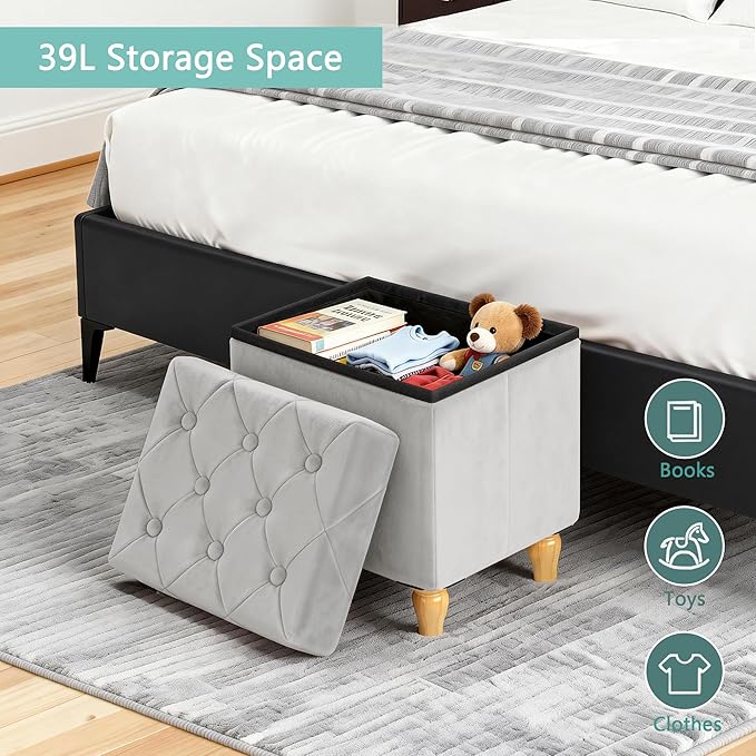 CAROLMADE Folding Storage Ottoman Cube Velvet Footstool with Wood Legs Ottoman Footrest for Living Room and Bedroom, Grey 15"x12.6"x15.4”