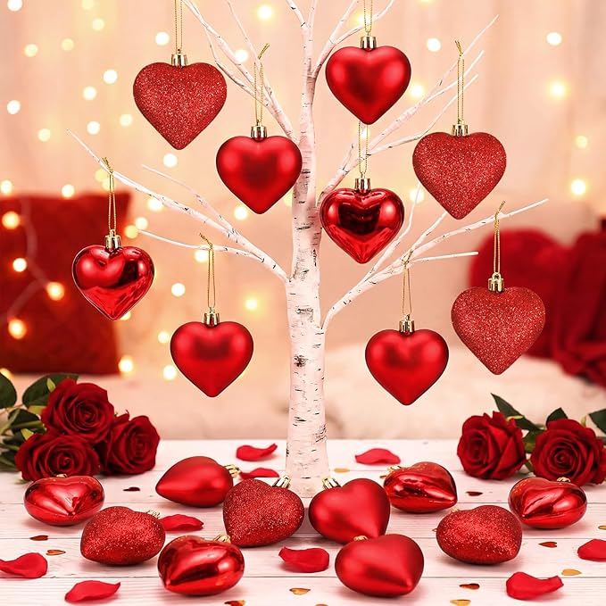 XmasExp Heart Ornaments for Christmas Tree Decorations Set of 24 Heart Shaped Bauble Perfect for Valentine's Day Wedding Anniversaries and Party Supplies (Dark Red)