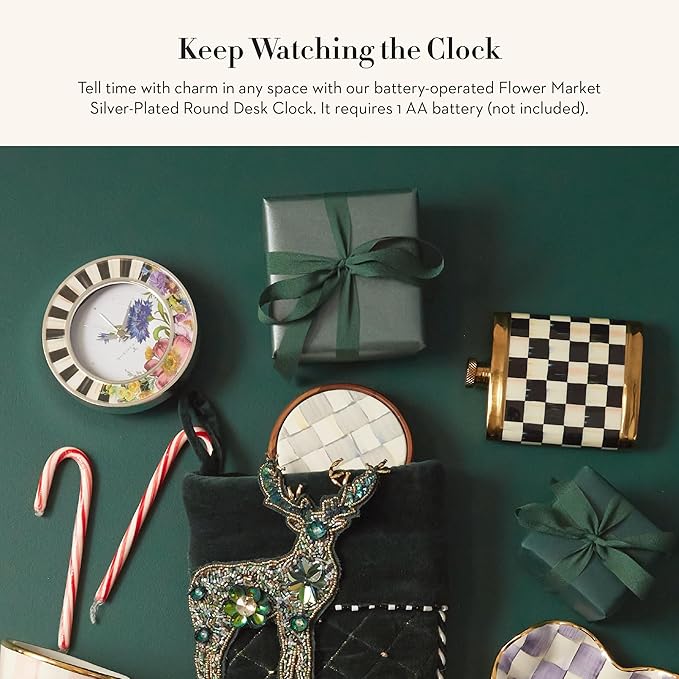 MACKENZIE-CHILDS Silver-Plated Round Desk Clock, Decorative Clock for Living Room, Kitchen, or Office, Courtly Stripe with Flower Market
