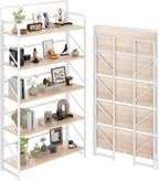 JSB Folding Bookshelf,Industrial Storage Shelves, No Assembly Vintage Wood Look Bookshelf with Storage Shelves for Living Room, Bedroom, Office (White, Wide 5-Tier)