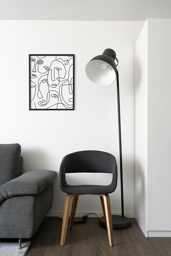 Abstract Face Pattern Wall Art Collage of Modern Faces Continuous Line Drawing 11x14 Inch Oak Wood Black Framed Artistic Aesthetic Print for Living Room