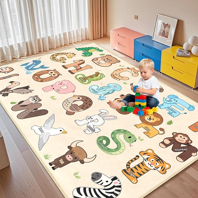 Kids Rugs for Playroom - 5x7 Feet Alphabet Rug for Classroom Educational Learning Animals, Preschool Rug Toddler Children Bedroom Nursery Kindergarten Decor, Beige