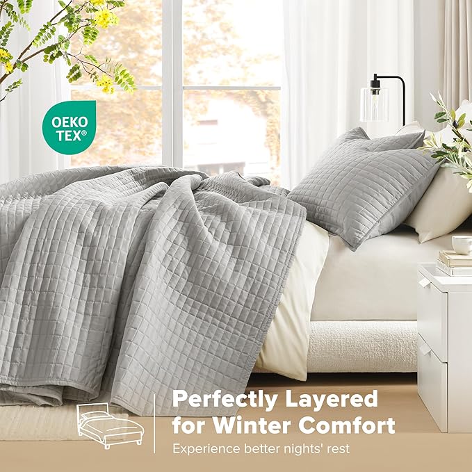 Comfort Spaces Grey Oversized Queen Quilt Set 102"x118" Bedspread Quilted Summer Lightweight Microfiber Bedding Coverlet with Double Sided Stitching Soft All Season Cozy 3 Piece with Matching Shams