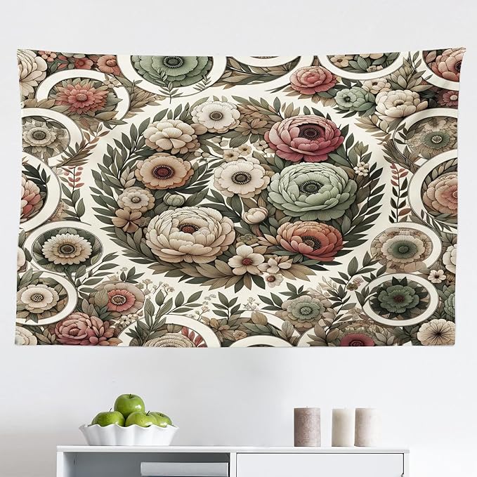 Ambesonne Flower Tapestry, Circular Floral Wreath with Greenery Leaves Ornaments Modern Cottagecore, Fabric Wall Hanging Decor for Bedroom Living Room Dorm, 45" X 30", Reseda Green Pale Ruby
