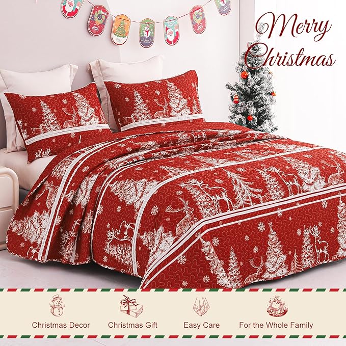 Exclusivo Mezcla Reversible Christmas Quilts Twin Size, Red Bedspread Lightweight Coverlet Winter Quilt Bedding Set with Printed Striped Trees Snowflakes Pattern (1 Quilt, 1 Pillow Sham)
