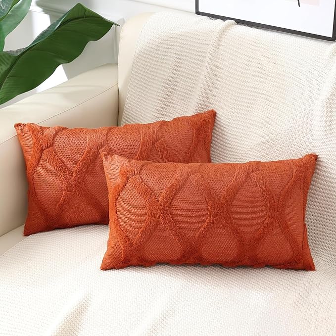 decorUhome Spring Throw Pillow Covers 12x20 Inch Set of 2, Soft Plush Faux Fur Wool Lumbar Rust Couch Pillow Covers, Decorative Neutral Pillow Cases for Bed Sofa Living Room Home Decor