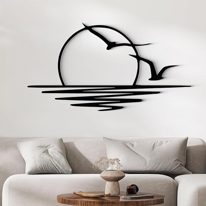 Wita Home Sunset with Seagulls Metal Wall Mounted Art, Handcrafted Metal Home Decor with Static Powder Coating, Eye-Catching Addition to Living Room Decor, Modern Beach Decor for Indoor and Outdoor Spaces, Perfect Housewarming Gift (40 x 20 inches)