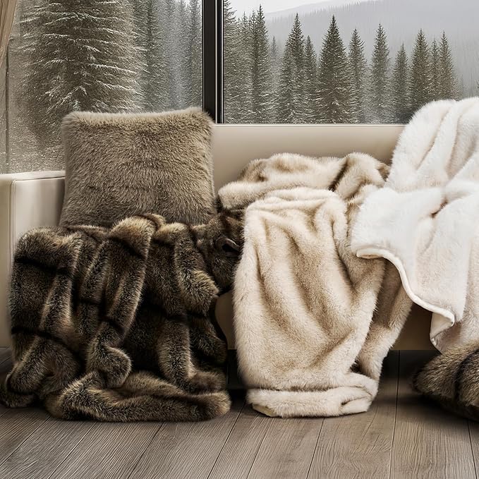 EVERGRACEHOME Luxury Faux Fur Throw Blanket, Soft Fluffy Faux Mink Blankets for Bed, Couch, Sofa, Thick Cozy Plush Warm Fur Throws with Reversible Velvet, Ombré Sable Brown, 50"x60"