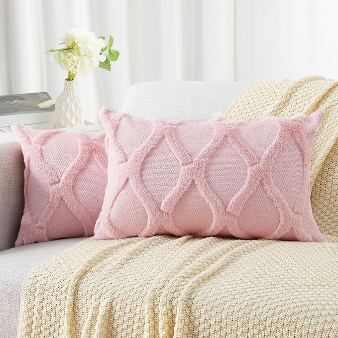 decorUhome Spring Throw Pillow Covers 12x20 Inch Set of 2, Soft Plush Faux Fur Wool Lumbar Light Pink Couch Pillow Covers, Decorative Neutral Pillow Cases for Bed Sofa Living Room Valentines Decor