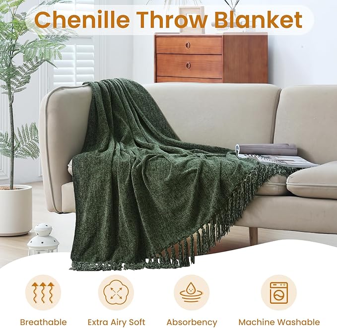 Olive Green Chenille Throw Blanket for Couch Bed，Soft Cozy Throw Blanket with Handmade Fringe, Decorative Blanket for Sofa Chair Living Room for Gift, (Olive Green)
