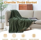 Olive Green Chenille Throw Blanket for Couch Bed，Soft Cozy Throw Blanket with Handmade Fringe, Decorative Blanket for Sofa Chair Living Room for Gift, (Olive Green)