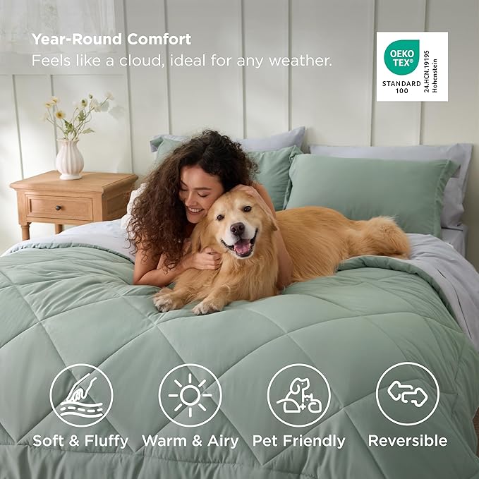 Bedsure California King Comforter Set - 7 Pieces Reversible Sage Green Bedding, California King Size Bed Set for All Seasons, Bed in a Bag with Down Alternative Comforter, Sheets, Pillowcases & Shams