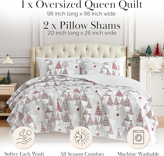 Southshore Fine Living, Inc. Full/Queen Size Christmas Quilt Set, Reversible Coverlet with 2 Shams, Holiday Queen Christmas Bedding Design - Red & Silver