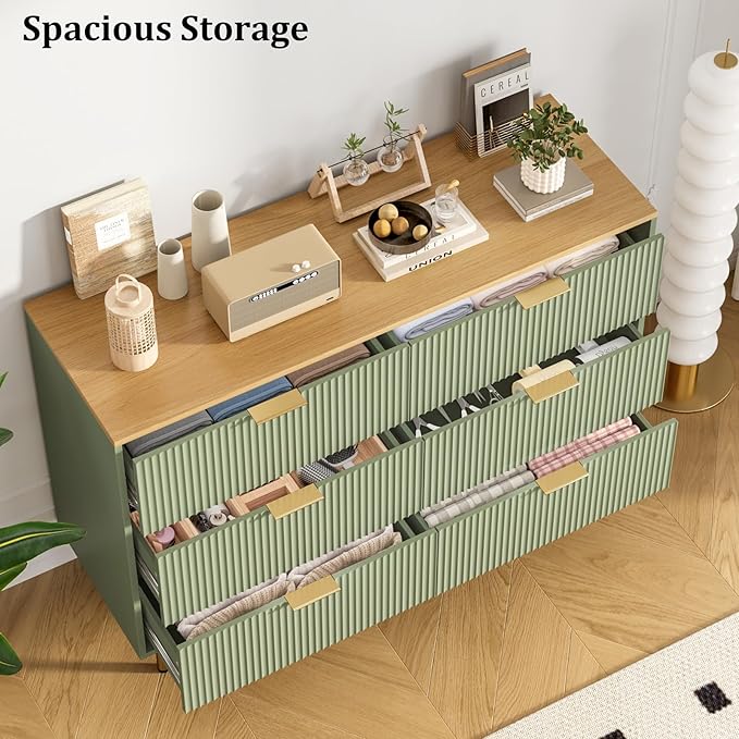 GarveeHome 6 Drawers Dresser for Bedroom, Fluted Dresser Chest of Drawers with Handle, Wood Modern Dressers for Closet, Bedroom Furniture Storage Organizer for Living Room, Hallway