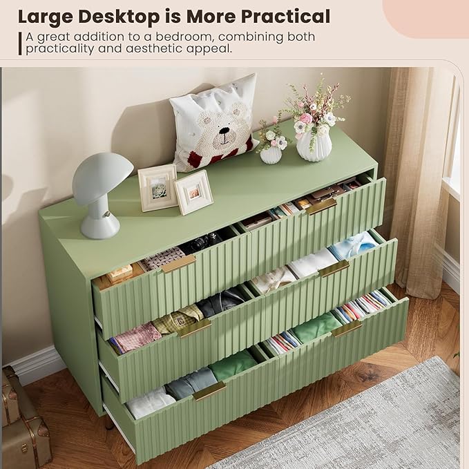 GarveeHome Green 6 Drawer Dresser for Bedroom, Fluted 47.2 in Wide Modern Chest of Drawers with Deep Drawers, Long Large Double Dresser TV Stand for Living Room, Hallway, Kids Room