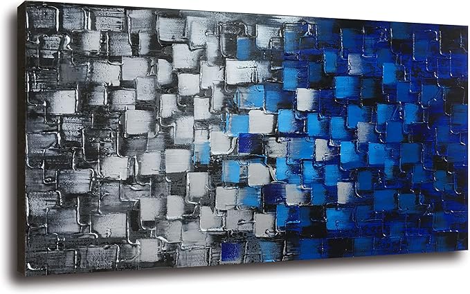 Textured Abstract Squares Canvas Wall Art Modern Dark Blue and Silver Oil Painting 100% Hand Painted 3D Effect Artwork Frame Ready to Hang Decor for Home and Office 40x20inch
