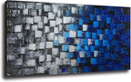 Textured Abstract Squares Canvas Wall Art Modern Dark Blue and Silver Oil Painting 100% Hand Painted 3D Effect Artwork Frame Ready to Hang Decor for Home and Office 40x20inch