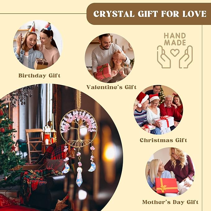 CrystalTears Crystal Tree Life Hanging Ornament Handmade Aquamarine Clear Quartz Healing Crystal Gemstone Glass Suncatcher for Home Window Wall Decoration Crystal Gifts for Women Men Friends