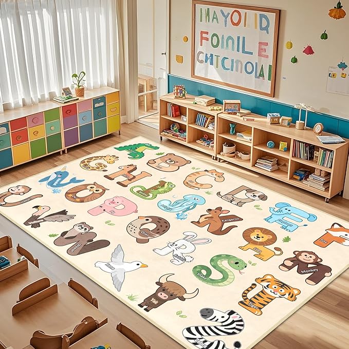 Kids Rugs for Playroom - 5x7 Feet Alphabet Rug for Classroom Educational Learning Animals, Preschool Rug Toddler Children Bedroom Nursery Kindergarten Decor, Beige