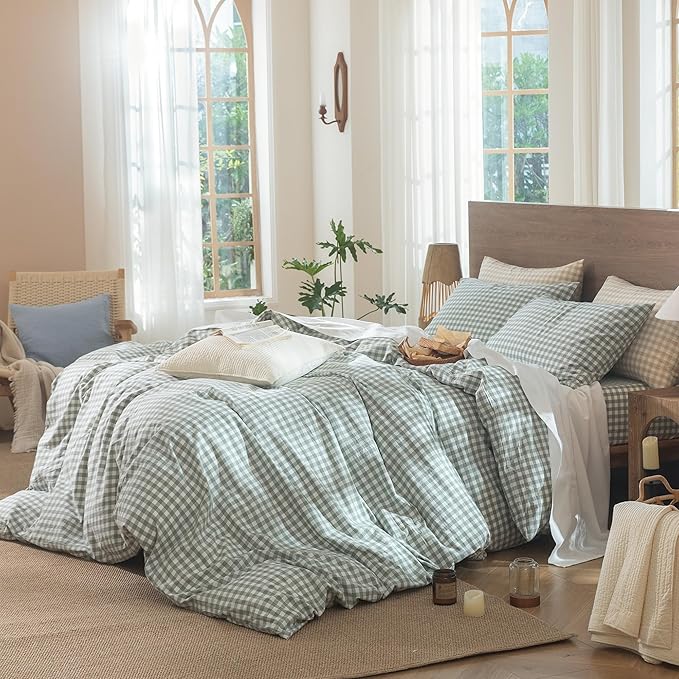 MooMee Gingham Duvet Cover Set 100% Washed Cotton Linen Like Textured Breathable Durable Soft Comfy Modern Checkered Design (Sage Green Gingham, Palatial King/Oversized King 120"x98")