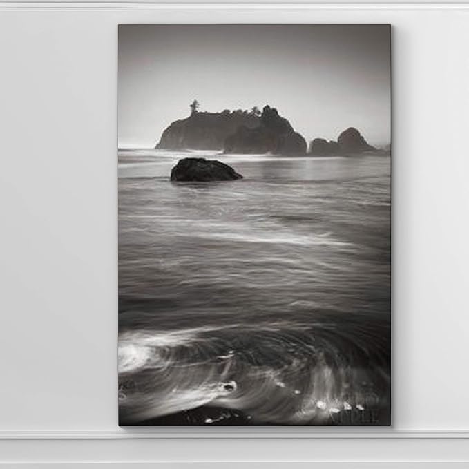 Renditions Gallery Canvas Nature Wall Art Modern Paintings Decorations Vintage Calm Ocean Rock Black & White Wall Hanging Scenic Artwork for Bedroom Dining Office Kitchen - 32"x48" LT06
