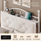 Full Upholstered Canopy Bed Frame with 2 Drawers & Crystal Tufted Storage Headboard Metal Platform Bed with Charging Station & 4 Removable Posts No Box Spring Needed Curtain Not Included, Beige