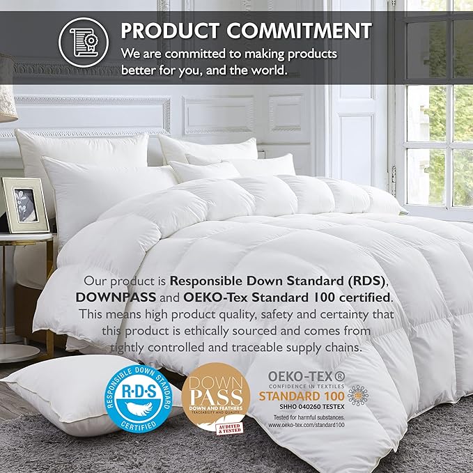 Luxurious White Solid Medium Weight, Queen Size Goose Feathers Down Comforter for All-Season Weather Duvet Insert, Premium Baffle Box, 100% Egyptian Cotton Cover, 60 oz. Fill Weight