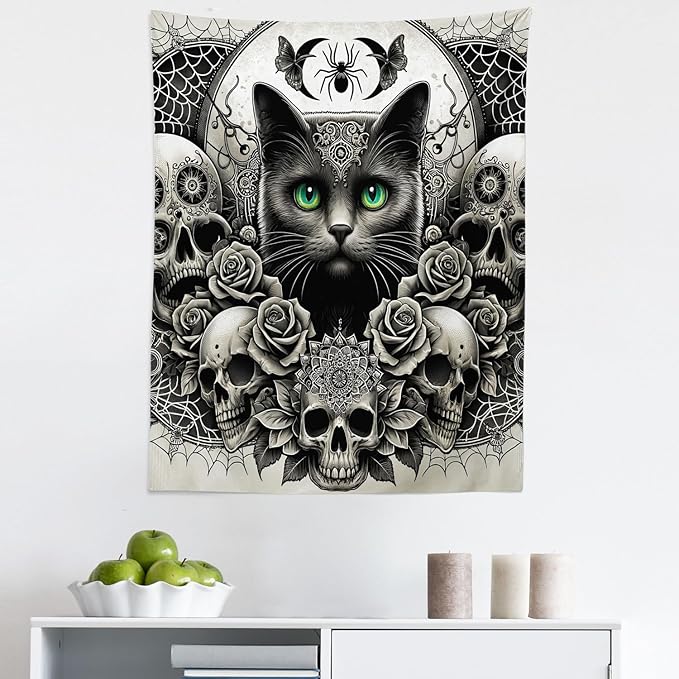 Ambesonne Gothic Tapestry King Size, Classic Spooky Rose Ornated Skulls and Black Cat with Spider Print, Wall Hanging Bedspread Bed Cover Wall Decor, 23" X 28", Dark Grey Green and Eggshell