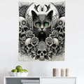Ambesonne Gothic Tapestry King Size, Classic Spooky Rose Ornated Skulls and Black Cat with Spider Print, Wall Hanging Bedspread Bed Cover Wall Decor, 23" X 28", Dark Grey Green and Eggshell