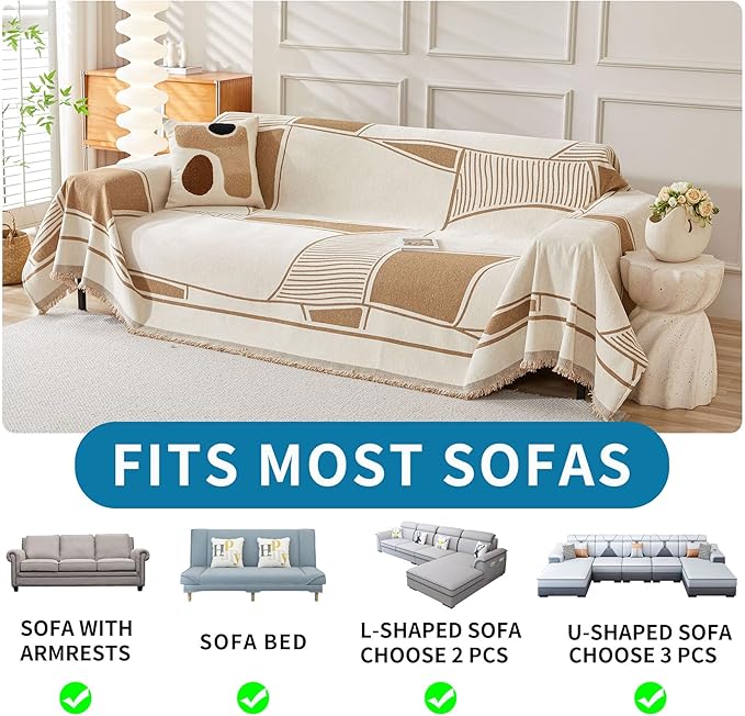 HAOMAIJIA Non Slip Couch Cover Sofa Covers for 2 Cushion Couch Washable sectional Couch Covers for Dogs pet Furniture Protector Couch Cover Blanket for Living Room (Brown-Cream, 71"x102")
