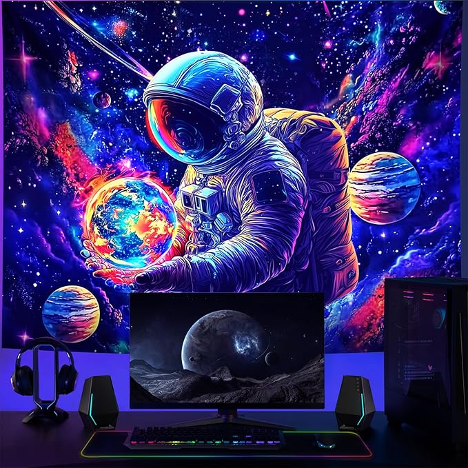 NYZE Astronaut Space Tapestry for Bedroom, Glow in the Dark Room Decor Wall Tapestries, Cool Galaxy Planet Wall Hanging, Wall Hanging for Men Guys Gamer Room Dorm Living Room 90in x 70in