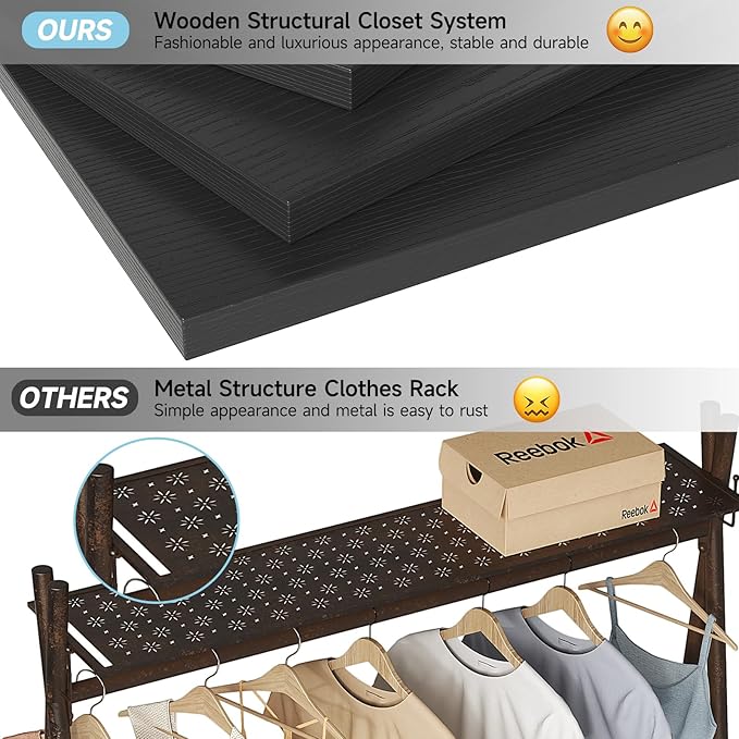 Flrrtenv 8FT Closet System, 96'' Closet Organizer System with 3 Hanging Rods, Wall Mount Bedroom Wardrobe with 3 Drawers Walk-in Closet, Adjustable Cloth Garment Rack from 5 to 8FT (Cut to Fit), Black