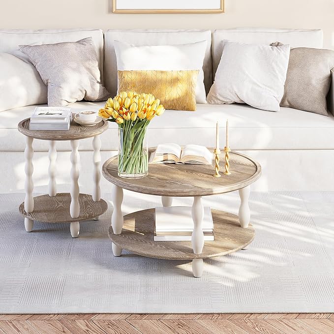 karlott Round Coffee Table, 30.3" Coffee Tables for Living Room, Solid Wood Veneer 2-Tier Center Table with Storage Shelf, Pine Leg, Boho Rustic Farmhouse Coffee Table for Living Room, Easy Assembly