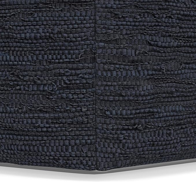 SIMPLIHOME Fredrik Square Pouf - 18 inch Wide Genuine Woven Leather Ottoman in Dark Blue, Boho-Style Footstool or Extra Seating for Living Room or Bedroom with Polystyrene Bead Filling, Assembled