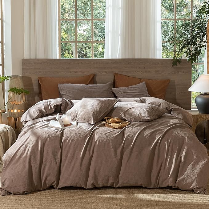 MooMee Wavy Striped Duvet Cover Set 100% Washed Cotton Linen Like Textured Breathable Durable Soft Comfy (Brown, Cal King 104"x98")