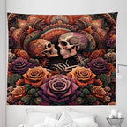 Ambesonne Hippie Tapestry King Size, Mystic Rose Flowers and Oriental Mandala Skeleton Lovers Goth Art Skulls, Wall Hanging Bedspread Bed Cover Wall Decor, 104" X 88", Vermilion Dark Magenta